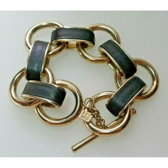 Chunky Vintage Black Leather & Golden Link Banana Republic Bracelet Toggle Clasp - Picture 6 of 6
